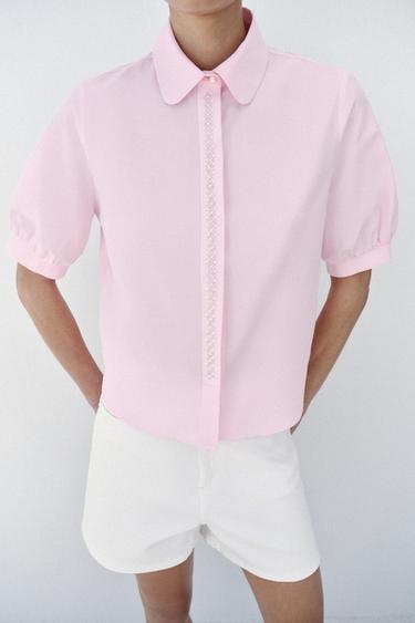 SHORT SLEEVE SHIRT WITH FAUX PEARLS - Pink by Zara