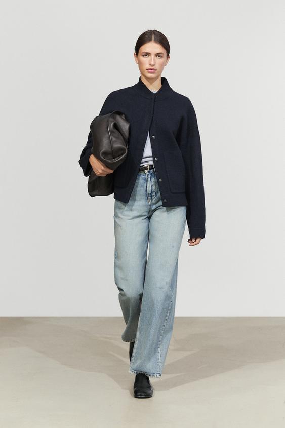 Zara 100% wool bomber jacket with pockets - Navy blue - Image 0