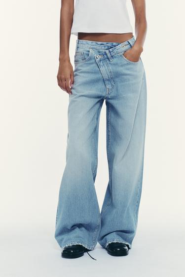 Zara TRF HIGH WAIST CROSSOVER WAIST WIDE LEG JEANS - Light blue