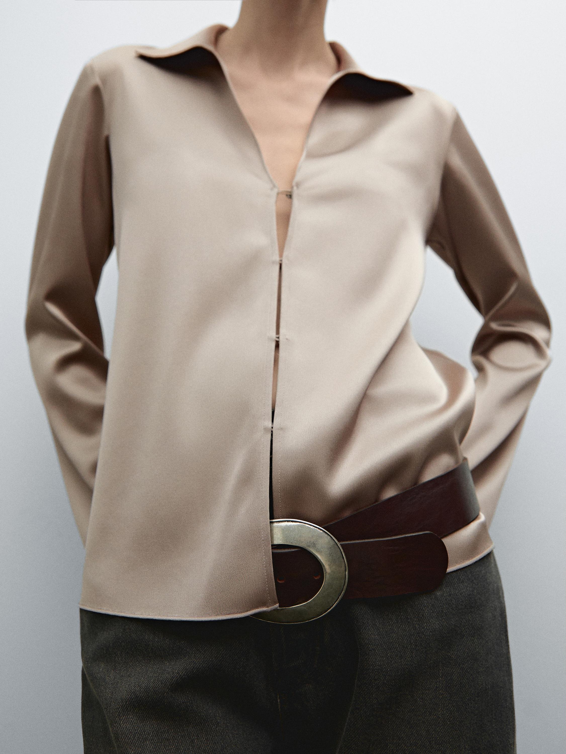Flowing satin shirt with button details - Mid-ecru | ZARA Flowing satin shirt with button details - Mid-ecru | ZARA