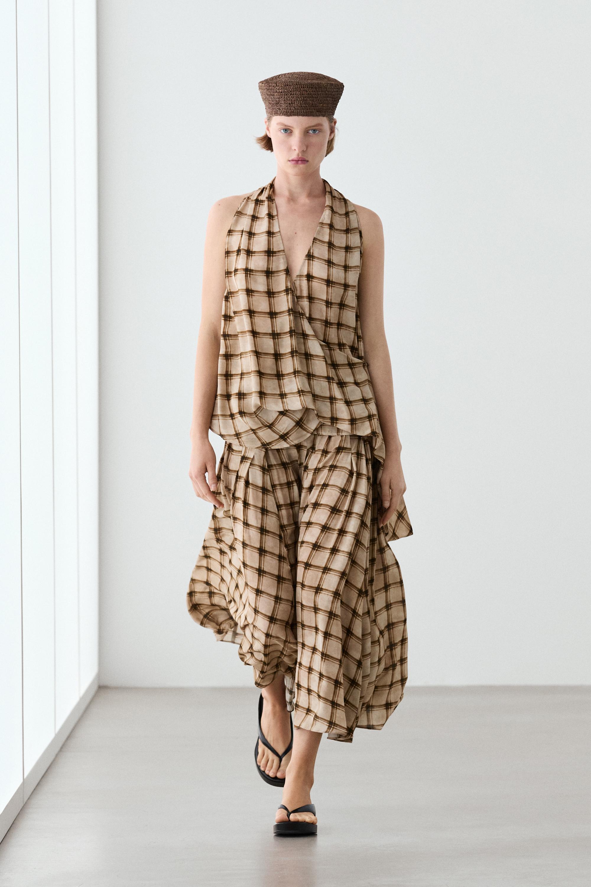 Flowing check print surplice top — 763