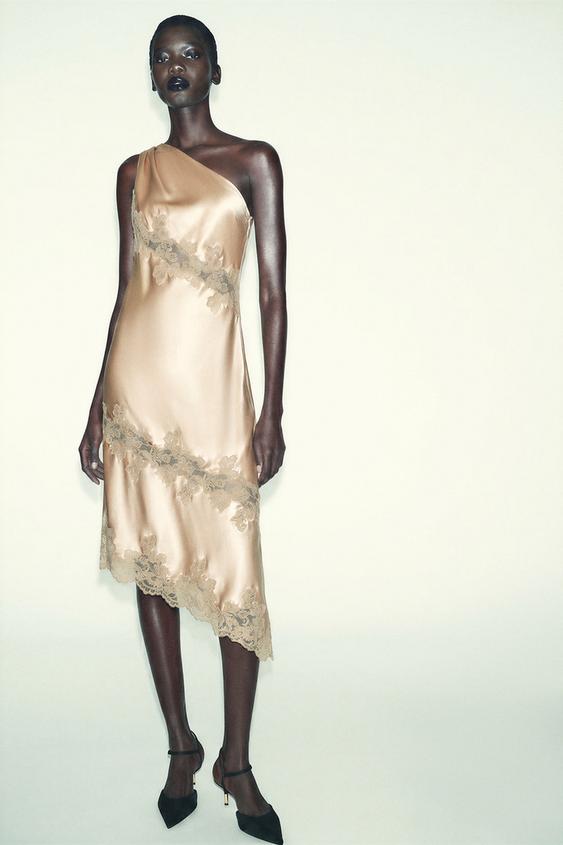 VESTIDO SATINADO ASIMÉTRICO ENCAJE - Cava de Zara - Imagen 0