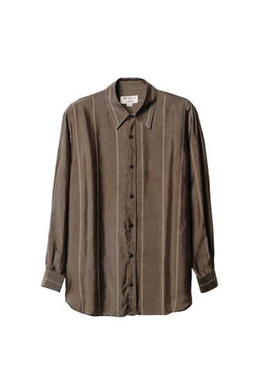"Front view of a grey-green shirt with vertical stripes, a lapel collar, long sleeves, and a front button fastening."