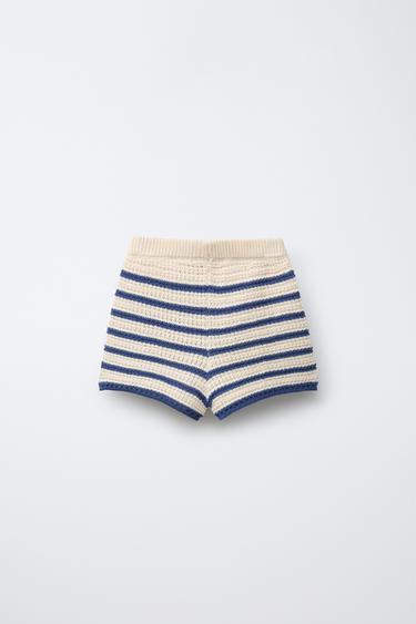 STRIPED KNIT BERMUDA SHORTS WITH FLOWER - Ecru / Blue by Zara - Image 1