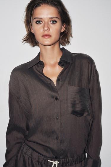Zara ZW COLLECTION OVERSIZED STRIPED SHIRT - Chocolate brown