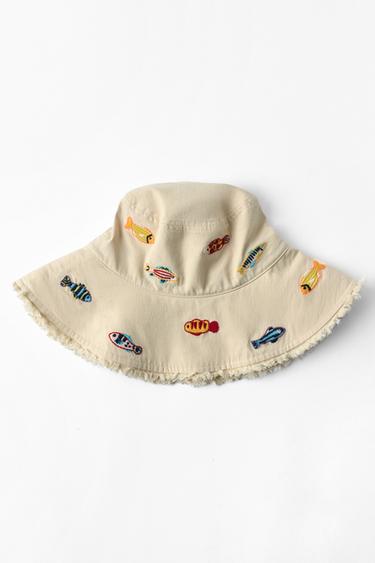 魚刺繍バケットハットエクリュZaraの魚刺繍バケットハット - エクリュ 