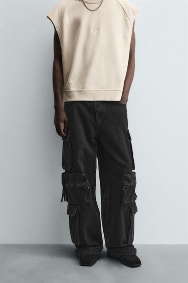 PANTALÓN DENIM CARGO BOLSILLOS - Negro de Zara