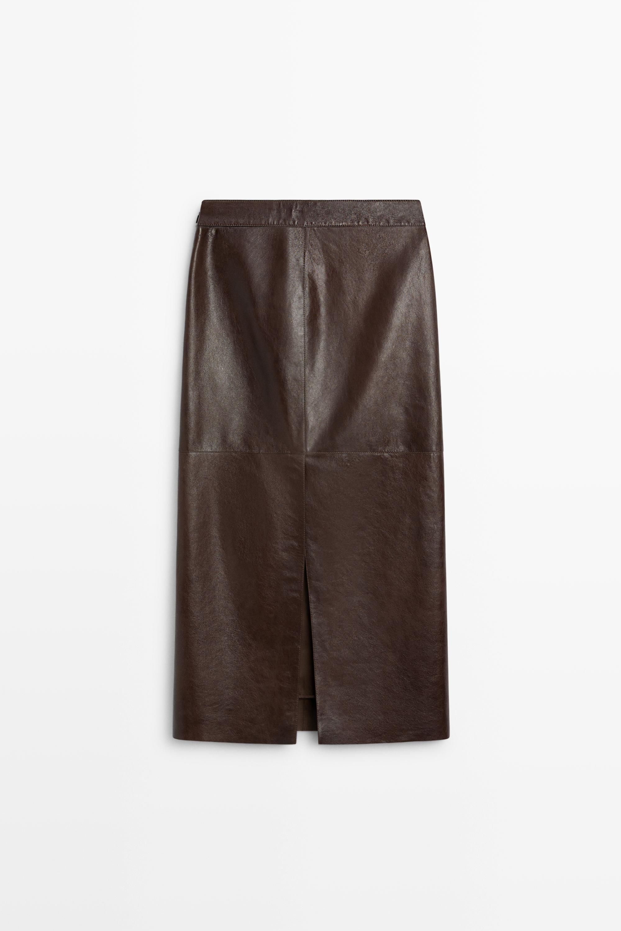 Straight nappa leather midi skirt with seams