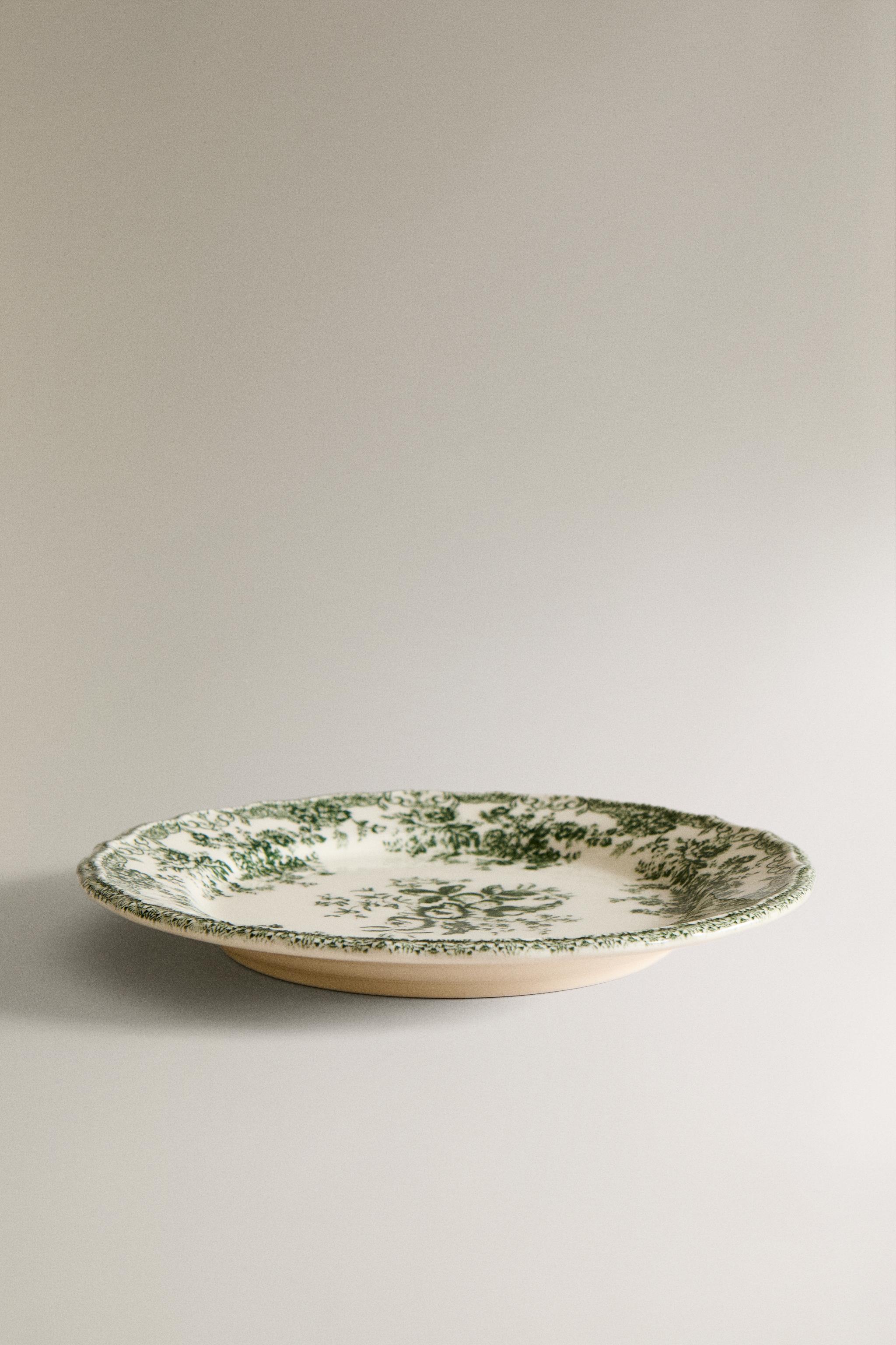 FLORAL EARTHENWARE DESSERT PLATE — Dark olive