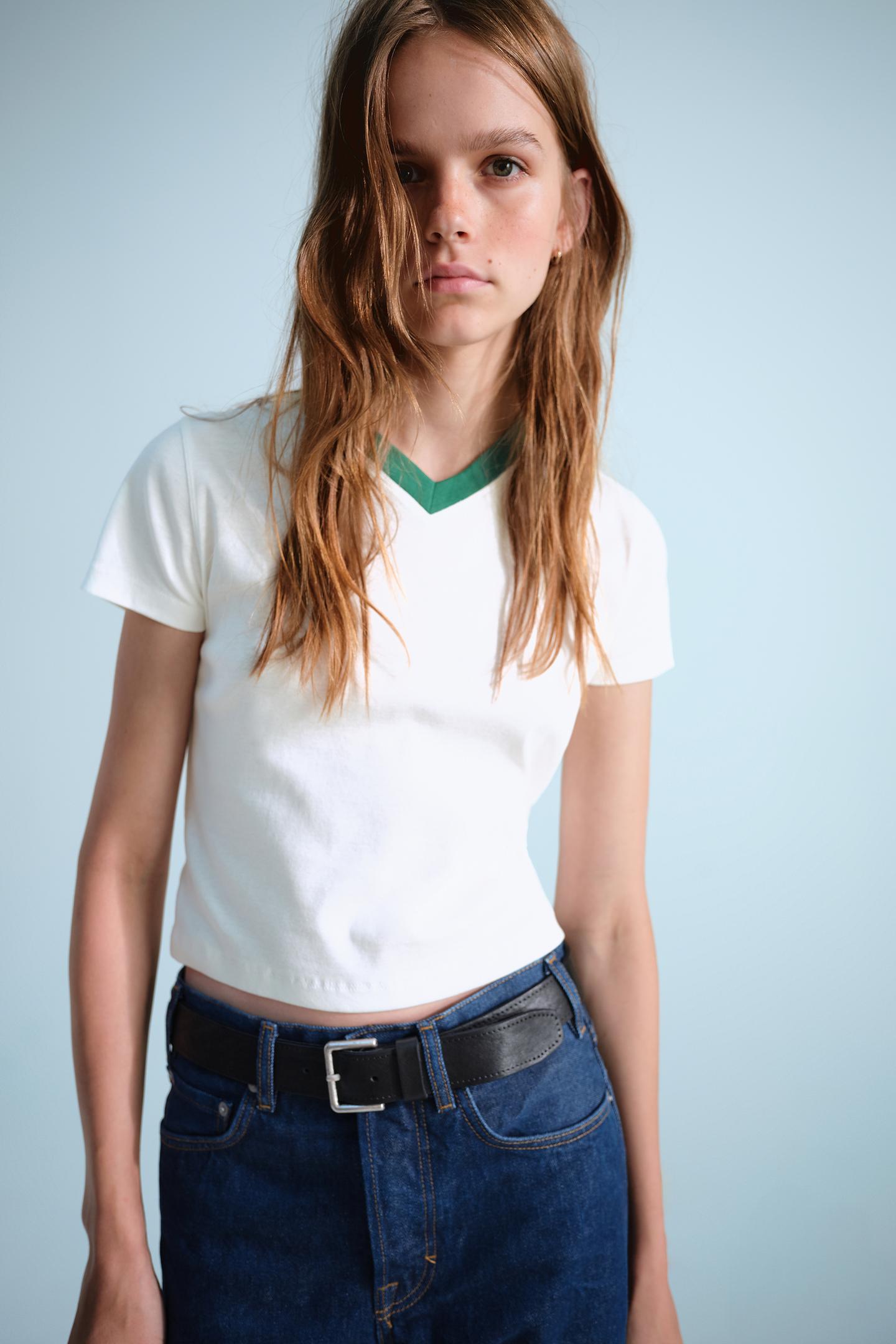 Женская футболка Zara 0FR. Paris X ZARA Contrast Neck, цвет: Устричный белый — фото 2