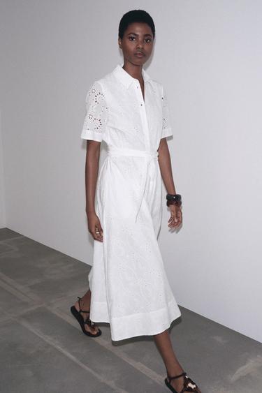 Zara ZW COLLECTION EMBROIDERED SHIRT DRESS - White