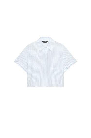 Front view of a short-sleeved white and blue striped shirt with classic collar and front pocket.