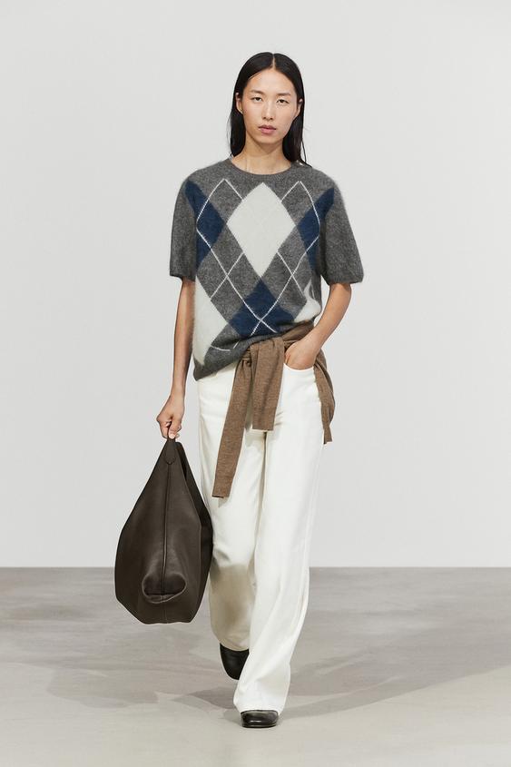 Jersey punto manga corta rombos lana cashmere - Gris de Zara - Imagen 0