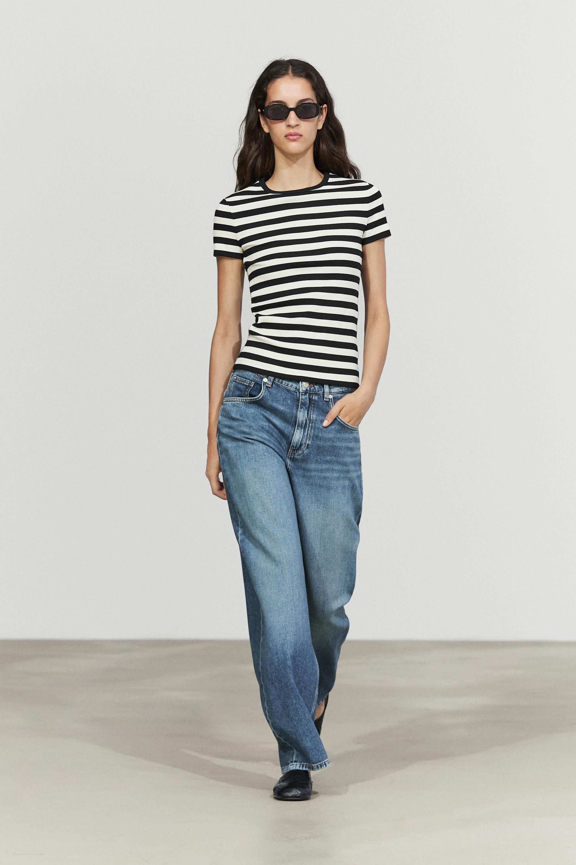 Short sleeve striped cotton blend T-shirt — Black