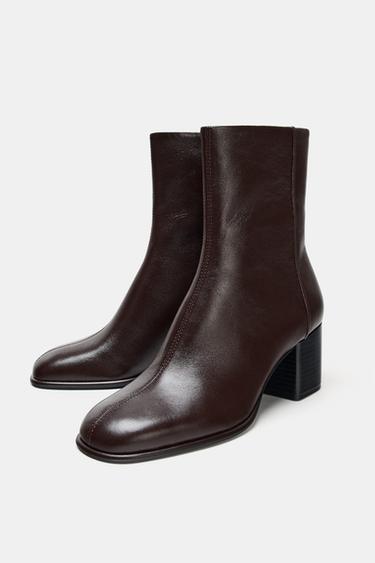 BOTTINES EN CUIR À TALONS BLOCS - Marron chocolat de Zara - Image 1