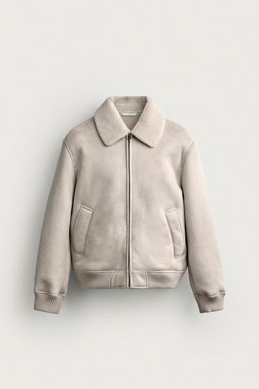 LEATHER EFFECT JACKET WITH FAUX SHEARLING - Light grey by Zara