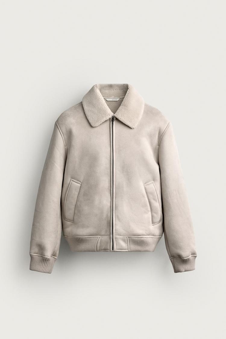 FAUX LEATHER AND FAUX SHEARLING JACKET — Light gray