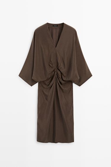 Zara Fluid midi dress with gathered sash - Chocolate - Image 0