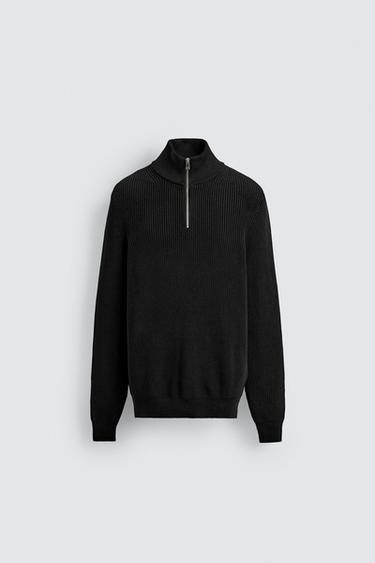 PULL EN MAILLE PERLÉE À COL ZIPPÉ - Noir de Zara
