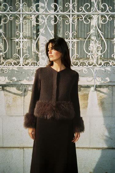 CONTRAST KNIT FAUX FUR CARDIGAN - Brown by Zara