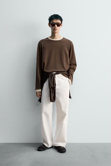 LONG SLEEVE T-SHIRT WITH CONTRAST RIB - Brown by Zara