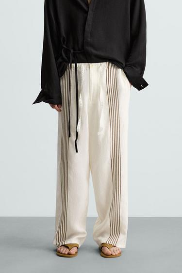 Zara 100% EMBROIDERED LINEN PANTS - Oyster-white