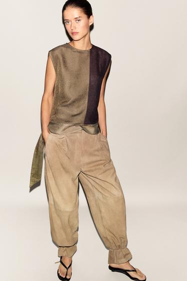 Top fluido combinado con lino - Marrón de Zara - Imagen 0