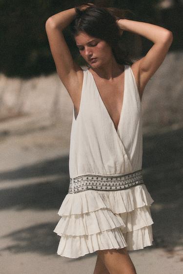 CHIFFON DRESS WITH RUFFLES AND STUDS - White by Zara - Image 3