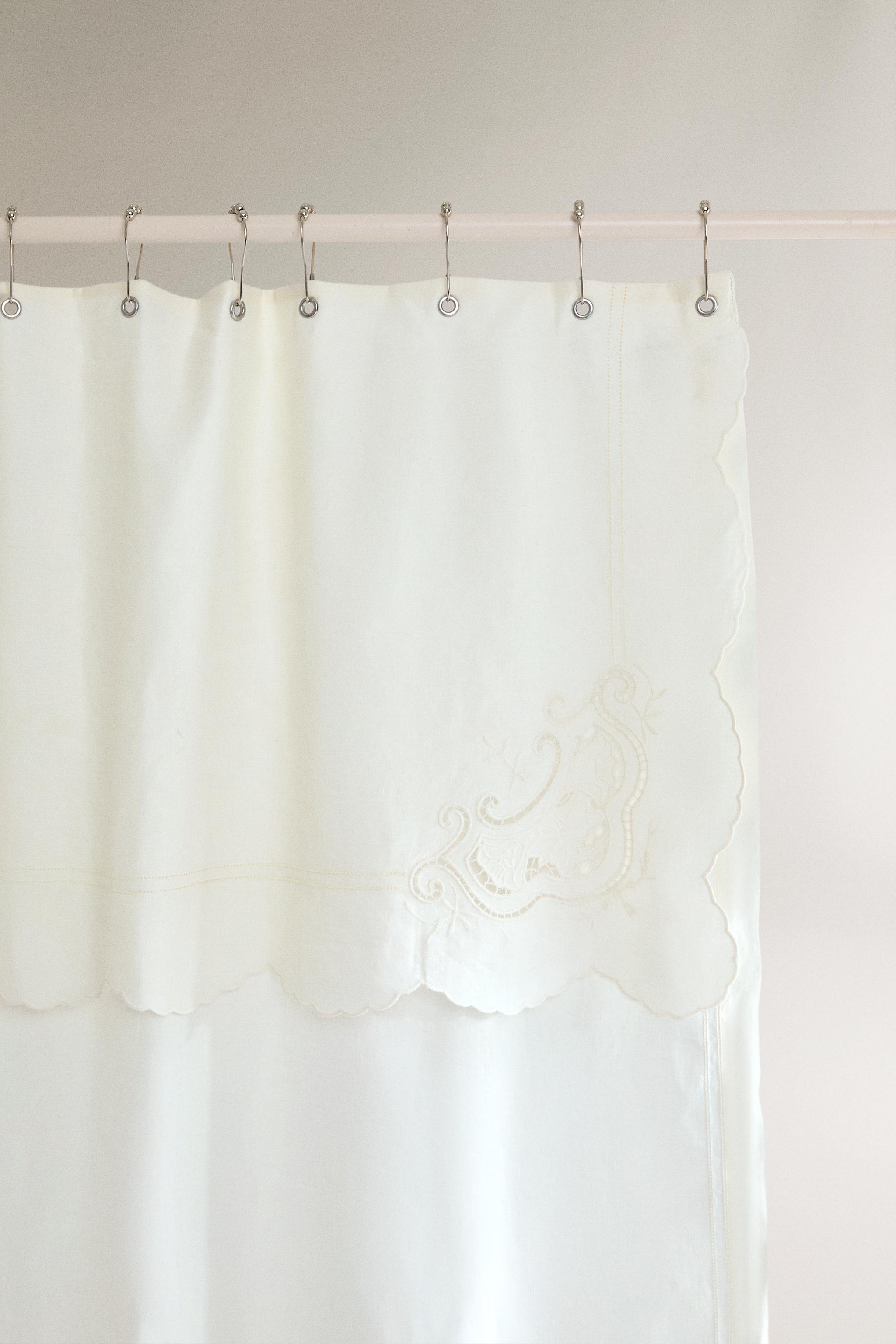 EMBROIDERED LINEN AND COTTON SHOWER CURTAIN — Ivory