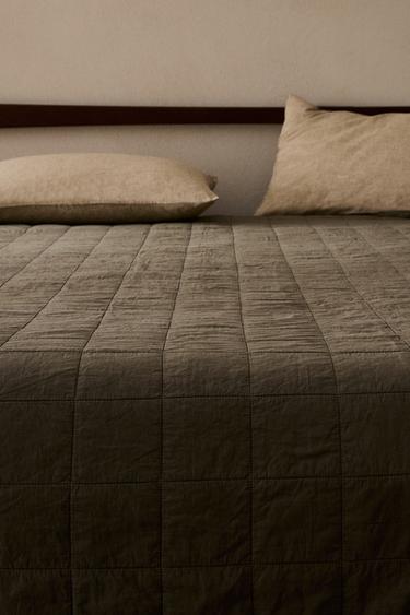 CHECKED COTTON PERCALE QUILT - Olive green by Zara