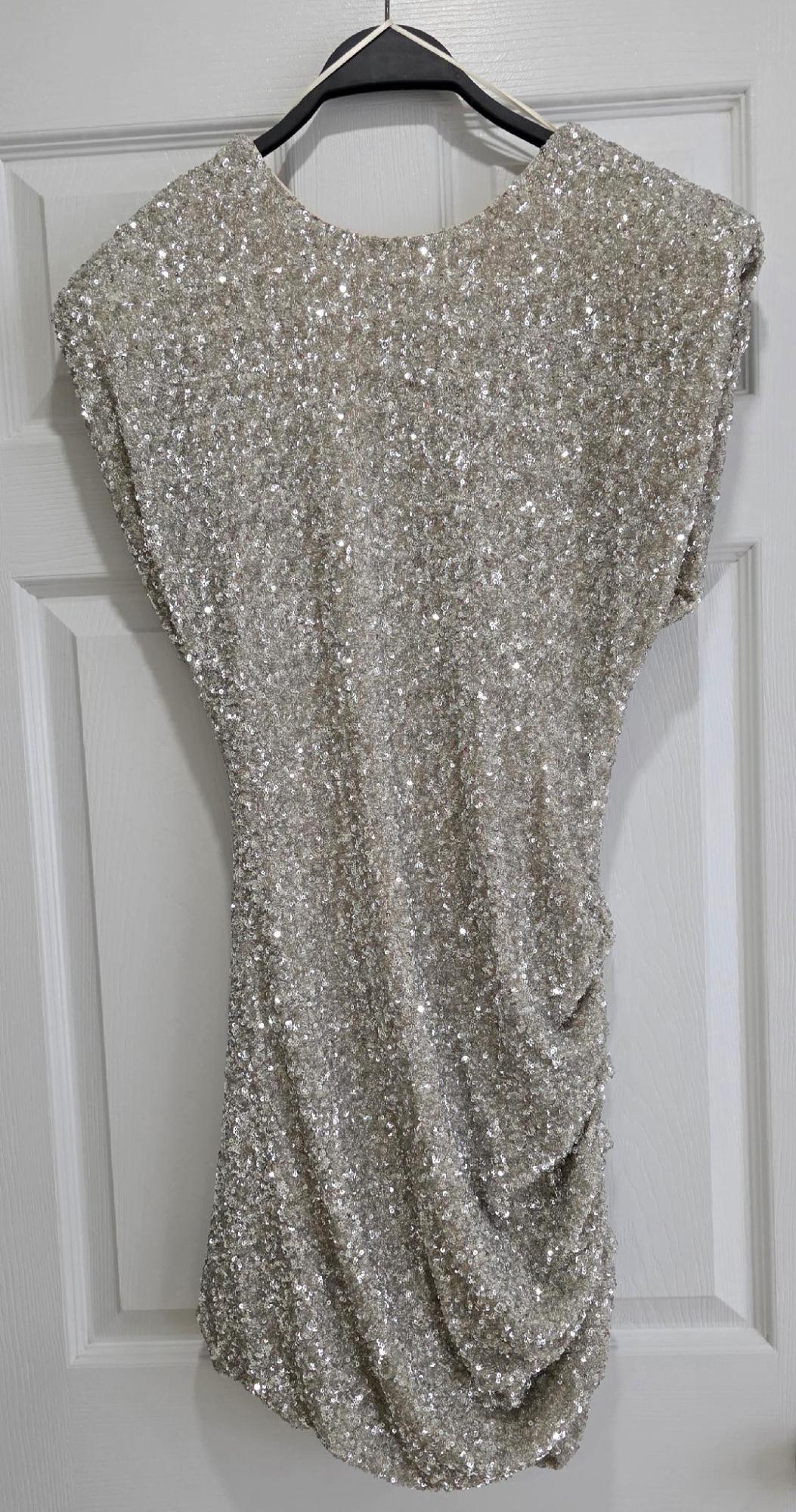 Silver sequin dress hanging on a black hanger over a white door, showing a draped design on the back.