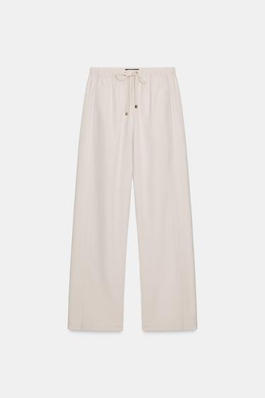 Zara ELASTIC WAIST WIDE LEG PANTS - Ecru