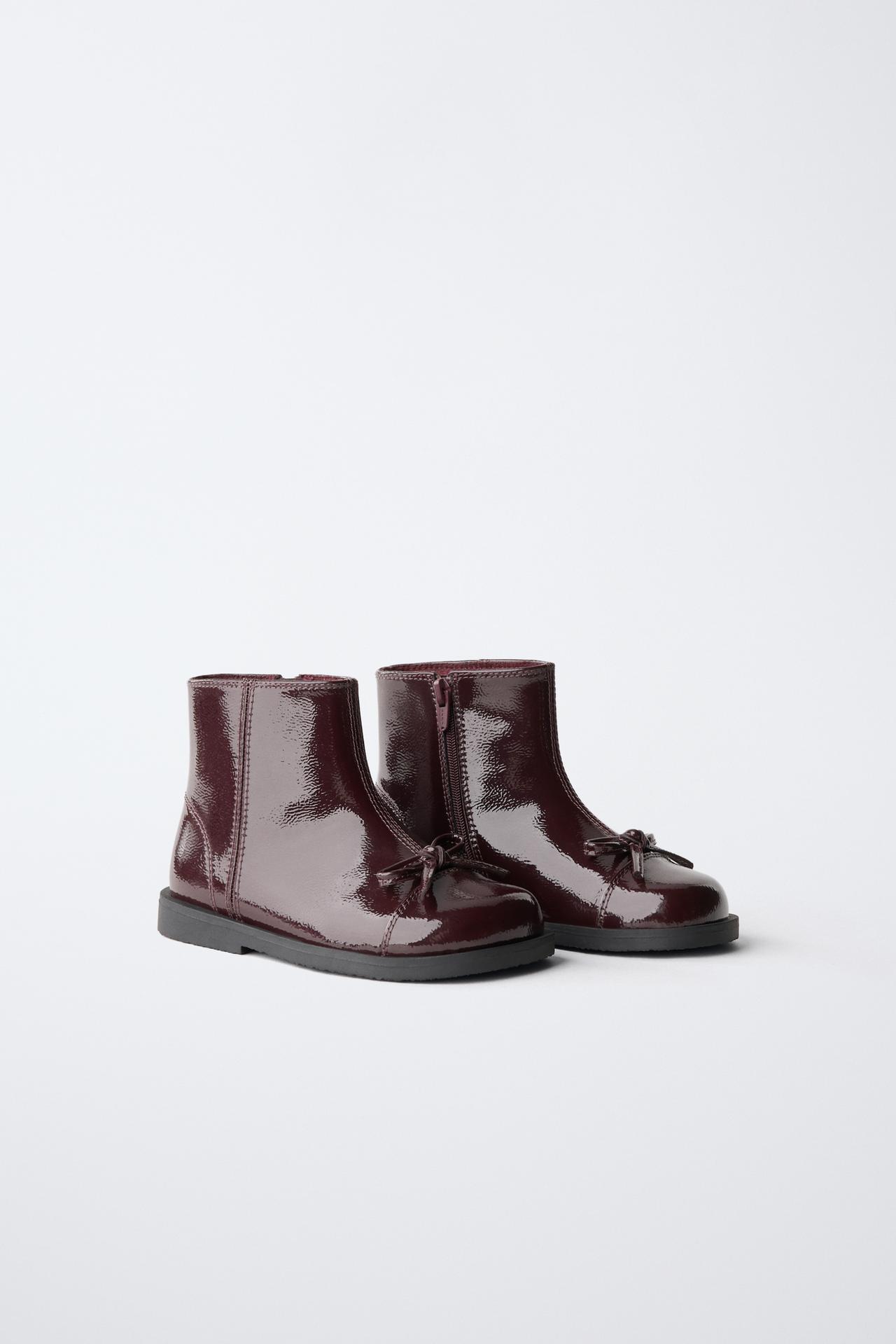 PATENT BOW ANKLE BOOTS — Burgundy Red