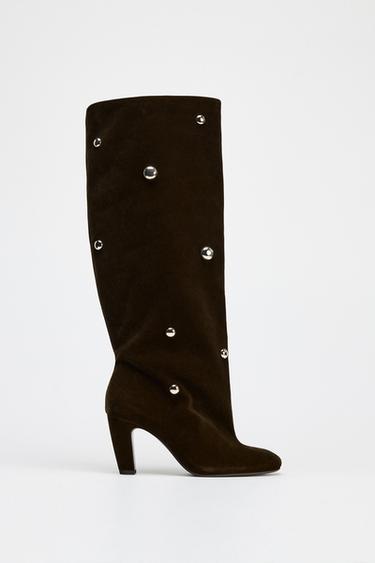 VELVET EFFECT STUDDED BOOTS - Brown by Zara - Image 1