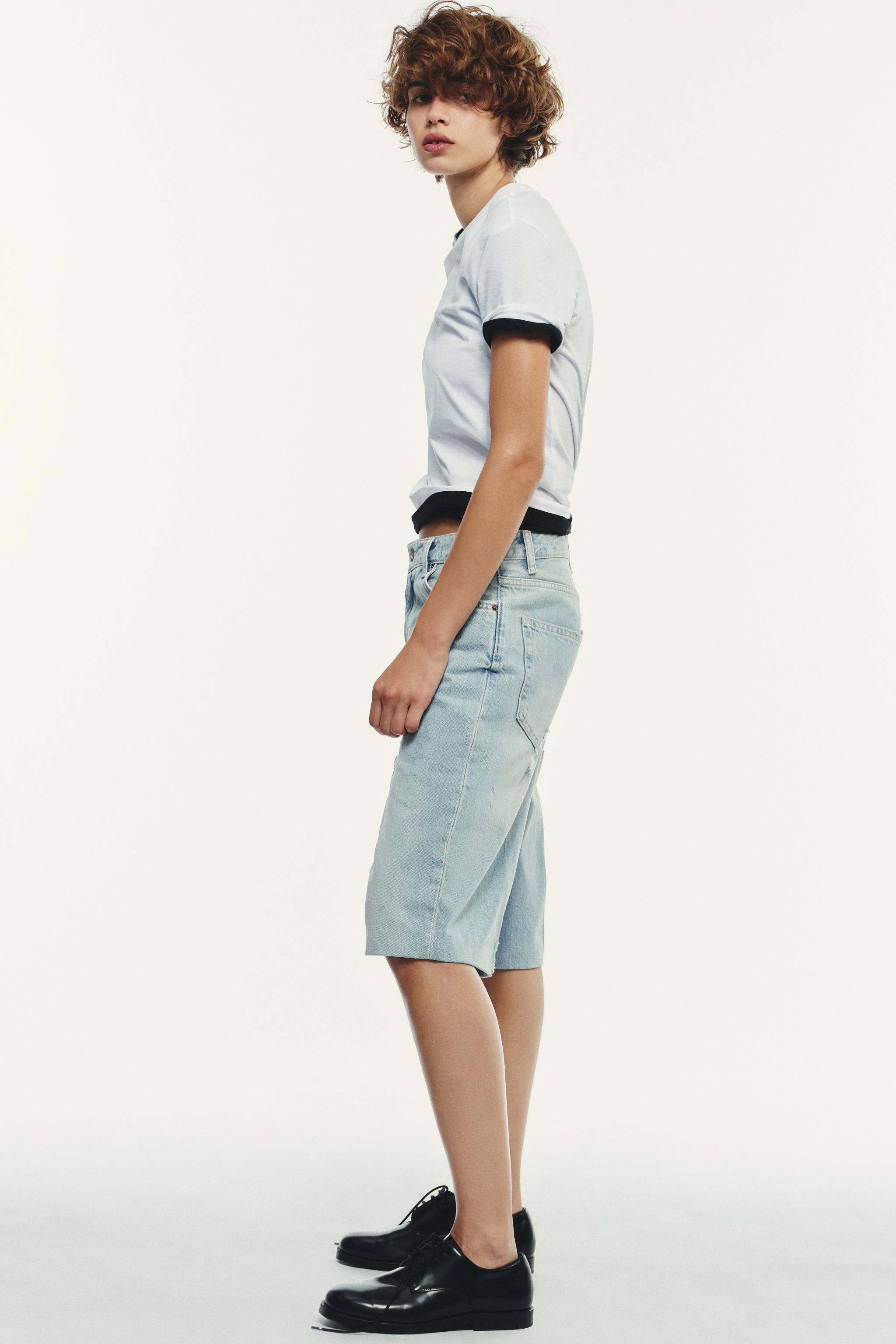 ★ZARA★ダメージ ミッドライズ デニム*バミューダショーツ TRF ミッドライズ デニムバミューダショーツ - ブルー | ZARA