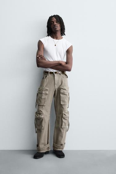 PANTALON CARGO EN DENIM À POCHES - Sable de Zara