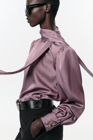 SATIN SHIRT WITH BOW - Mauve by Zara - Image 3