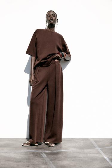 WASHED-EFFECT INTERLOCK TROUSERS - Dark brown by Zara