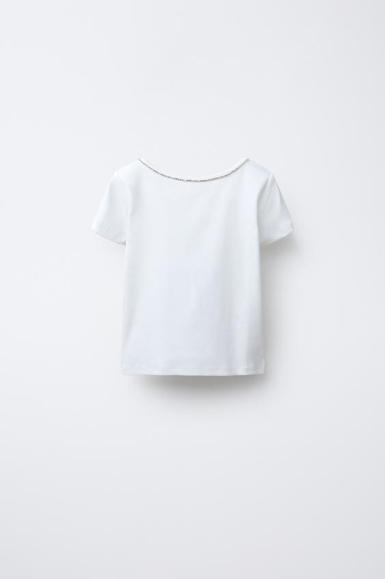 RIBBED T-SHIRT WITH JEWELS - White by Zara - Image 0