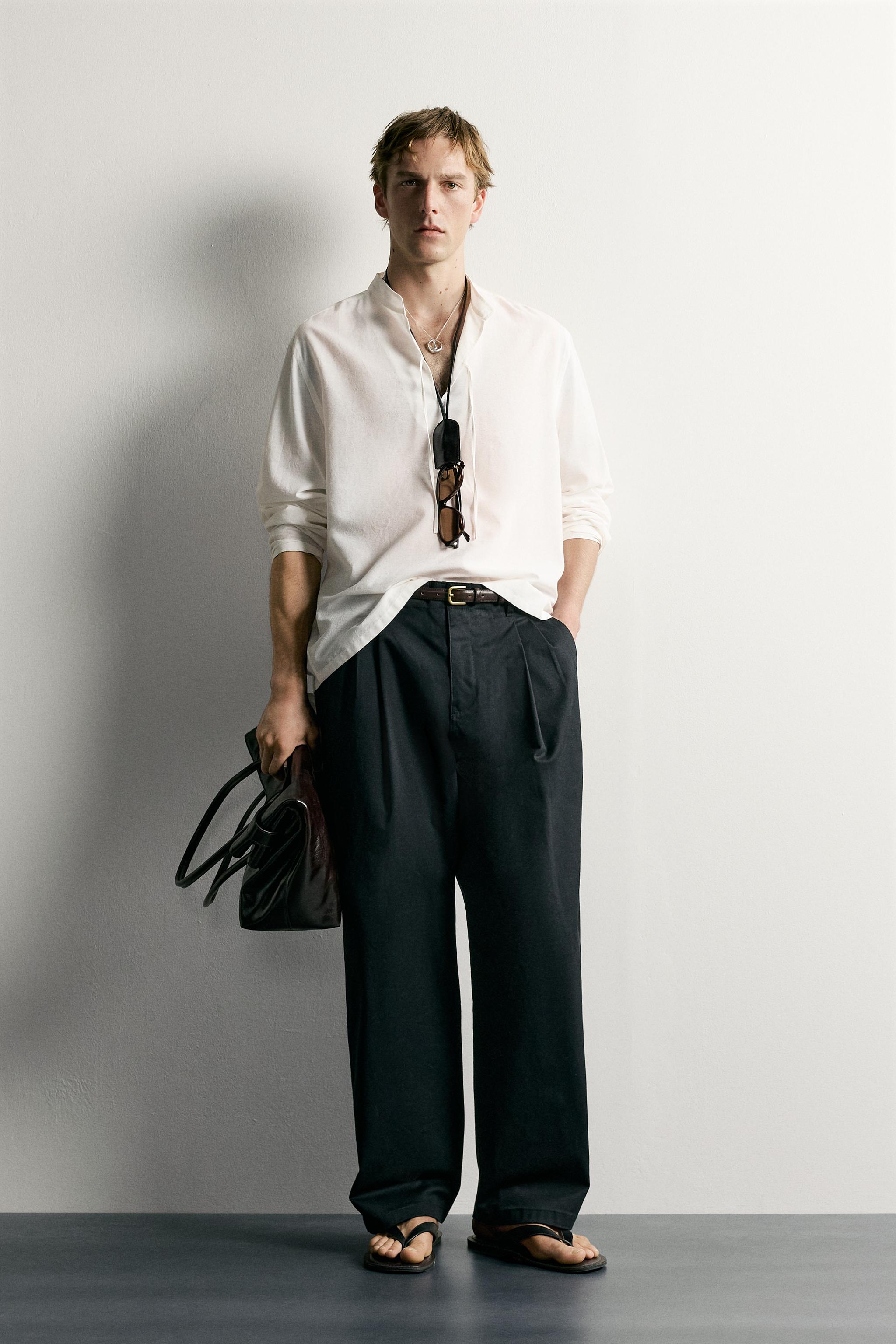 COTTON VISCOSE TIE DETAIL RELAXED FIT SHIRT