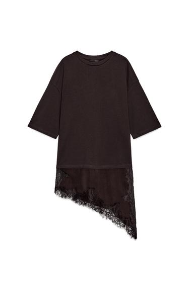 Zara COMBINATION LACE T-SHIRT - Chocolate