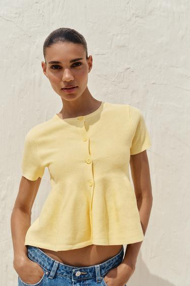 GILET EN MAILLE PEPLUM - Jaune de Zara