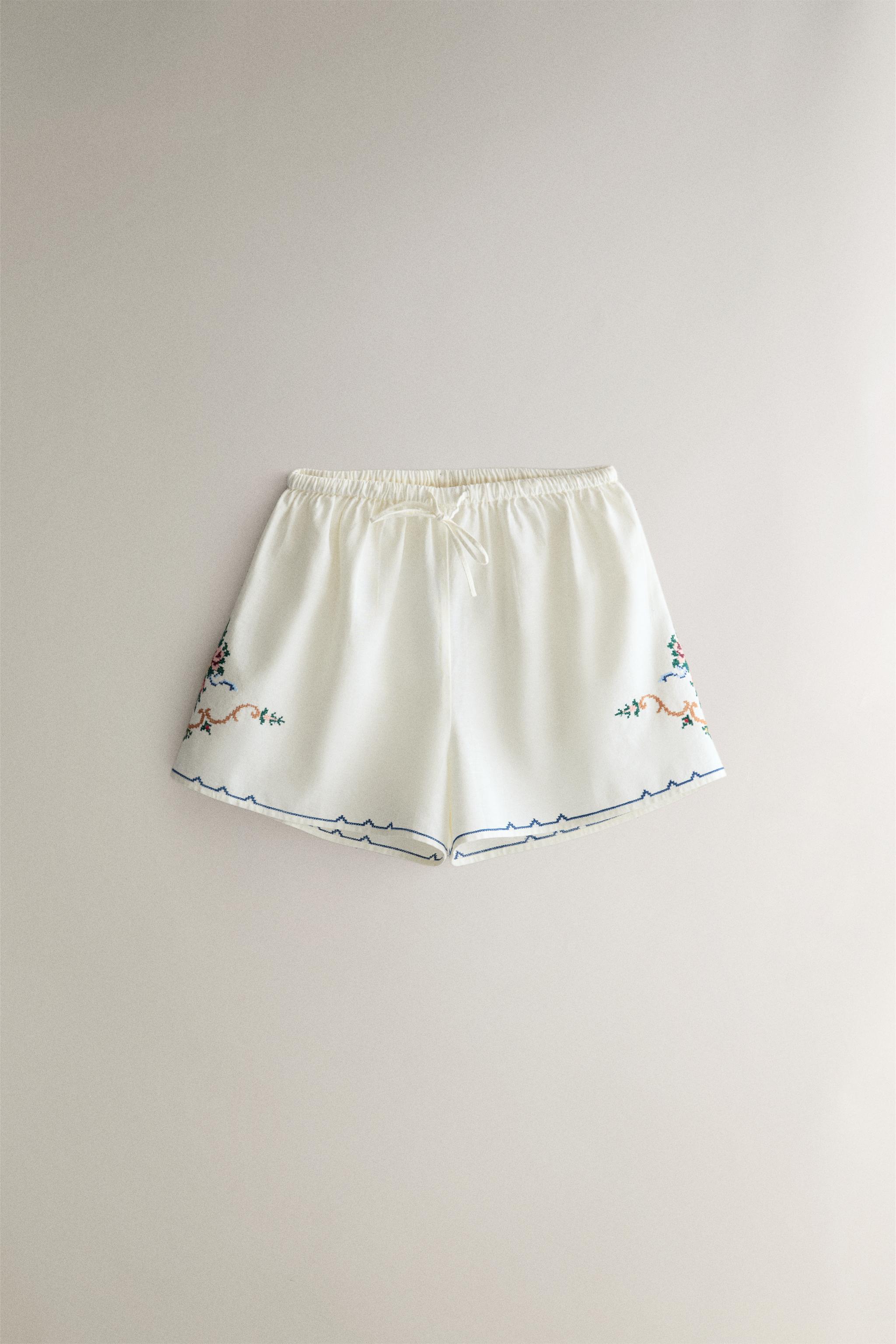 EMBROIDERED COTTON AND LINEN SHORTS