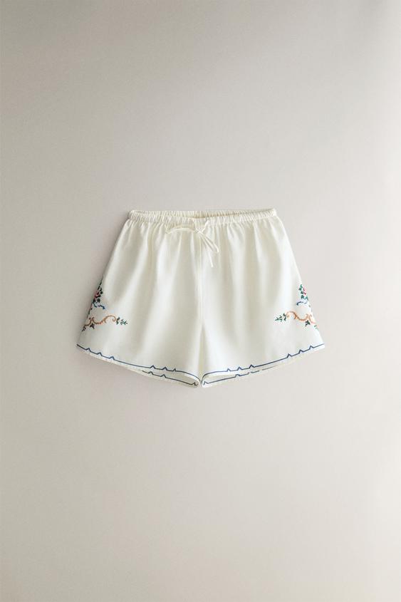 EMBROIDERED COTTON LINEN SHORTS - أبيض الخاص بـ Zara - صورة 0