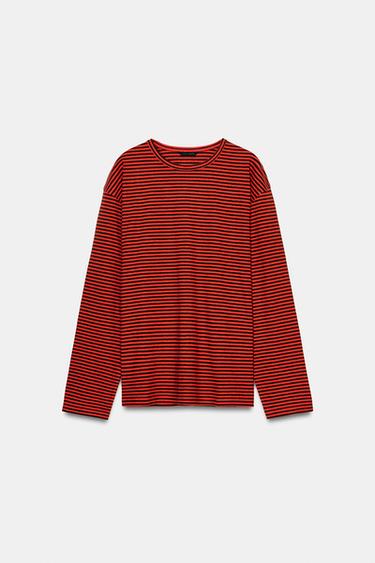 STRIPED COTTON AND LINEN T-SHIRT - Reds by Zara
