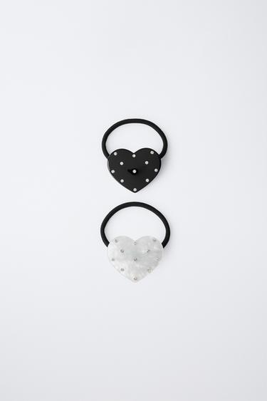 TWO-PACK OF SPARKLY HEART HAIR TIES - Black by Zara