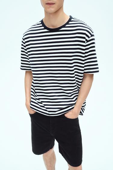 BASIC MEDIUM WEIGHT T-SHIRT - Ecru / Navy by Zara