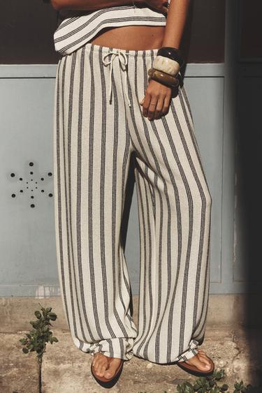 CALÇA RETA RÚSTICA - Branco / Preto da Zara