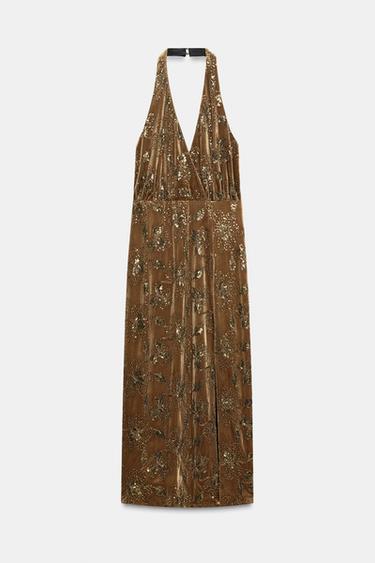 Zara SEQUIN VELVET MIDI DRESS - Ocher