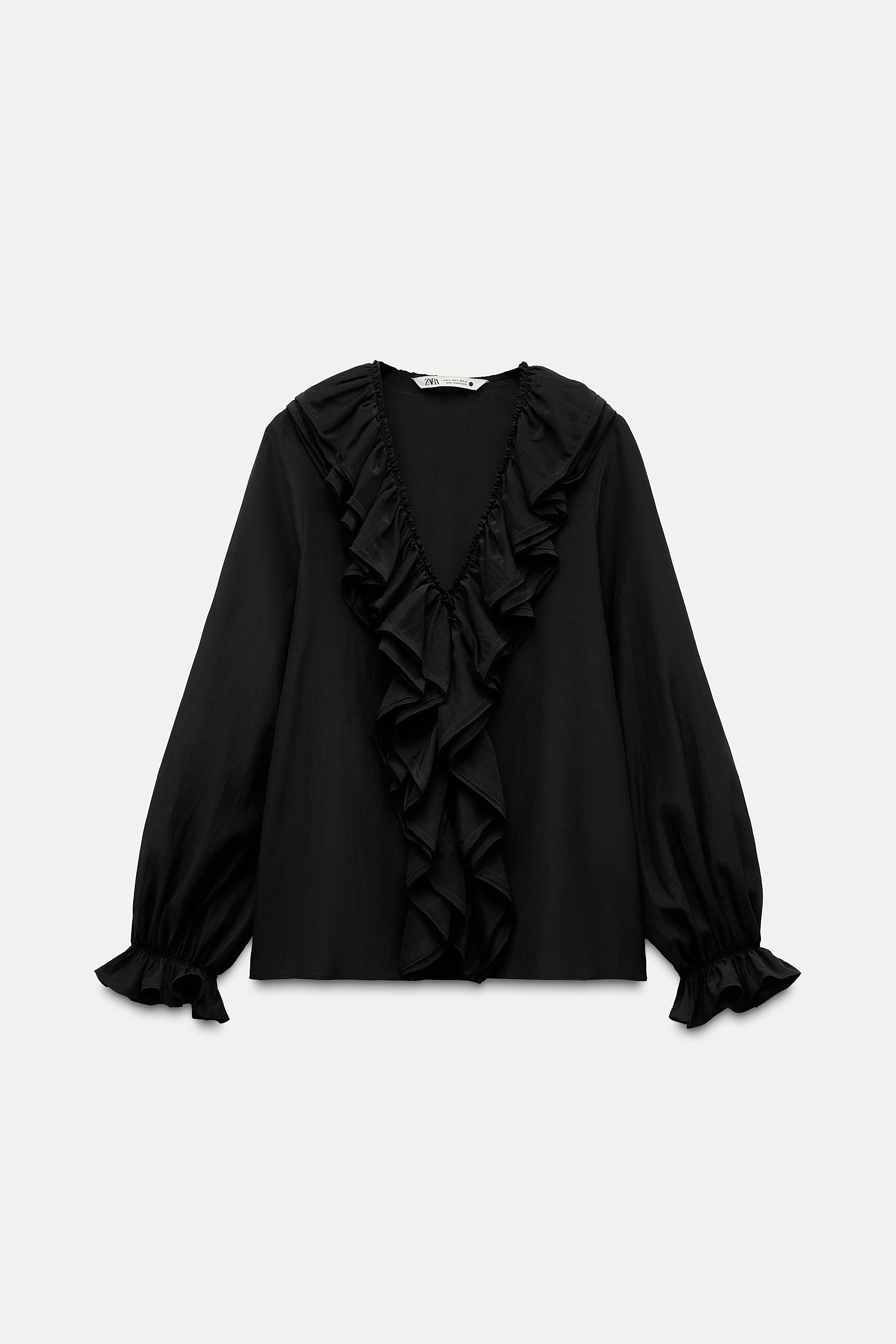 ZARA Ruffled Poplin Black Shirt Blouse Top sz popular M